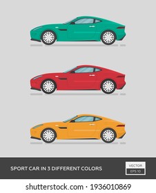 Urban vehicle. Sport car in 3 different colors. Cartoon flat illustration, auto for graphic and web design.