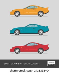 Urban vehicle. Sport car in 3 different colors. Cartoon flat illustration, auto for graphic and web design.