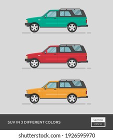 Urban vehicle. SUV in 3 different colors. Cartoon flat illustration, auto for graphic and web design.