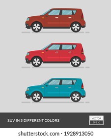 Stadtfahrzeug. SUV in 3 verschiedenen Farben. Cartoon flache Illustration, Auto für Grafik und Web-Design.