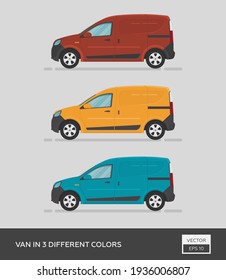 Urban vehicle. Van in 3 different colors. Cartoon flat illustration, auto for graphic and web design.