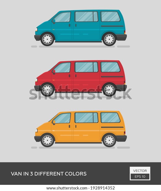 Urban vehicle. Van in 3\
different colors. Cartoon flat illustration, auto for graphic and\
web design.