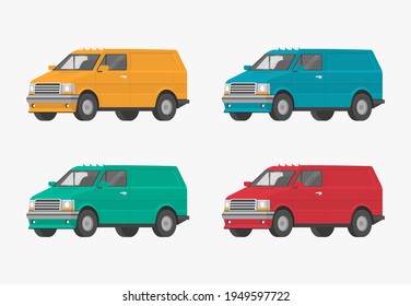 Urban vehicle. Van in 4 different colors. Flat cartoon illustration, orthogonal car for graphic and web design.
