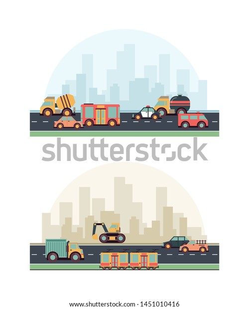 Urban vehicles. Buildings and different fuel\
machines on road colored vector flat cityscape background. Urban\
city road, machine industry\
illustration