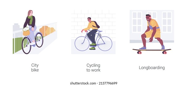 Urban Vehicles Isolated Cartoon Vector Illustrations Set. Girl Rides Bike With Basket, Man Cycling To Work, Riding Longboard In The City, Healthy Lifestyle, Eco-friendly Transport Vector Cartoon.