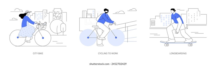 Urban vehicles isolated cartoon vector illustrations set. Girl rides bike with basket, man cycling to work, riding longboard in the city, healthy lifestyle, eco-friendly transport vector cartoon.