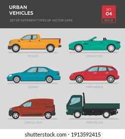 Vehículos urbanos. Conjunto de diferentes tipos de vehículos vectores: sedan, hatchback, camioneta de carga, camioneta, camioneta, camioneta, camioneta, camioneta. Ilustración plana de dibujos animados, auto para diseño gráfico y web.