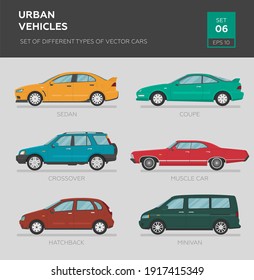 Urban vehicles. Set of different types of vector cars: sedan, hatchback, crossover, minivan, coupe, muscle car. Cartoon flat illustration, auto for graphic and web design.