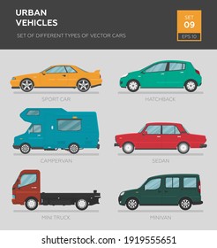 Urban vehicles. Set of different types of vector cars: sedan, hatchback, camper van, minivan, mini truck, sport car. Cartoon flat illustration, auto for graphic and web design.