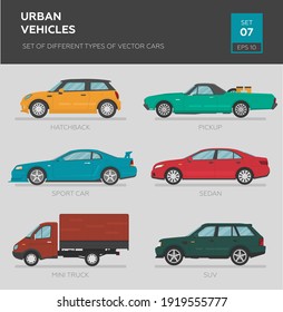 Urban vehicles. Set of different types of vector cars: sedan, hatchback, suv, pickup, mini truck, sport car. Cartoon flat illustration, auto for graphic and web design.