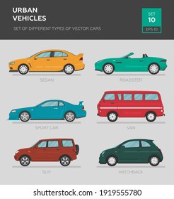 Urban vehicles. Set of different types of vector cars: sedan, hatchback, suv, roadster, sport car, van, mini bus. Cartoon flat illustration, auto for graphic and web design.