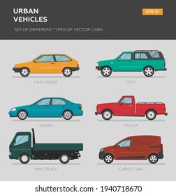 Urban vehicles. Set of different types of vector cars: sedan, hatchback, minivan, pickup, suv, targa. Cartoon flat illustration. Auto for graphic and web design.