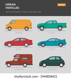 Urban vehicles. Set of different types of vector cars: sedan, hatchback, minivan, pickup, camper van, coupe. Cartoon flat illustration. Auto for graphic and web design.