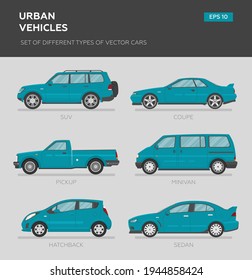 Urban vehicles. Set of different types of vector cars: sedan, hatchback, minivan, pickup, suv, coupe. Cartoon flat illustration. Auto for graphic and web design.