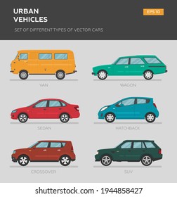 Urban vehicles. Set of different types of vector cars: sedan, hatchback, wagon, minivan, suv, crossover. Cartoon flat illustration. Auto for graphic and web design.