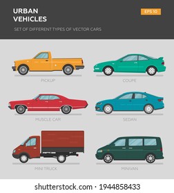 Urban vehicles. Set of different types of vector cars: sedan, muscle car, minivan, pickup, truck, coupe. Cartoon flat illustration. Auto for graphic and web design.