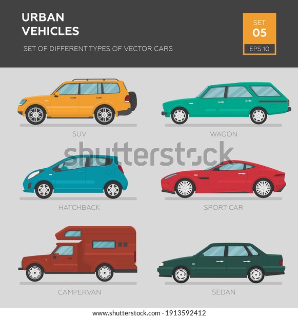 Urban vehicles. Set of\
different types of vector cars: sedan, hatchback, suv, vagon,\
camper van, sport car. Cartoon flat illustration, auto for graphic\
and web design.
