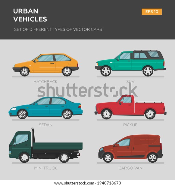 Urban vehicles. Set of different\
types of vector cars: sedan, hatchback, minivan, pickup, suv,\
targa. Cartoon flat illustration. Auto for graphic and web\
design.