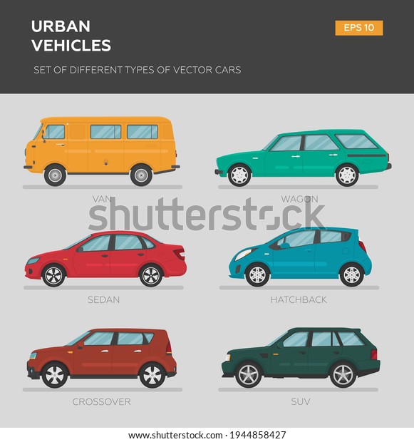 Urban vehicles. Set of different\
types of vector cars: sedan, hatchback, wagon, minivan, suv,\
crossover. Cartoon flat illustration. Auto for graphic and web\
design.