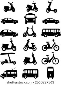 Silhuetas de Veículos Urbanos Conjunto 14 Ícones Vetoriais de Transporte Urbano