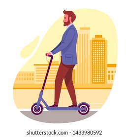 Urban vehicles. Vector illustration of adult bearded businessman in a suit, riding electric scooter. Isolated on modern city background.