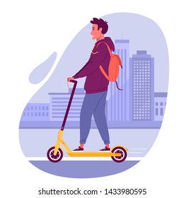 Urban vehicles. Vector illustration of young man in casual clothes with backpack, riding electric scooter. Isolated on modern city background.