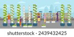 Urban vertical farm with workers on the roof top flat vector illustration.  Aeroponic towers with crops and hydroponic systems with strawberry.