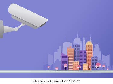 Urban video surveillance system concept with big security camera above modern city on purple background. Vector illustration