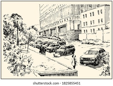 Urban view of the city street with buildings, people and cars. Summer day black and white hand drawing with pen and ink. Sketch style.