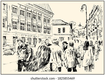 Urban view of the city street with buildings, people and cars. Summer day black and white hand drawing with pen and ink. Sketch style.