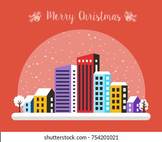 Urban village Christmas decorated design street winter landscape. Night City Snowy with houses. Xmas snowfall Happy Holidays banner. Decorative flat cartoon illustration.