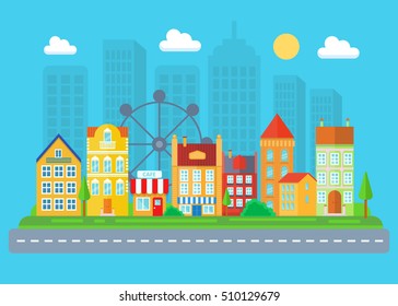Urban and village landscape. Cityscape vector illustration.