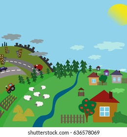 Urban and village landscape. Road from the city to the countryside. Vector flat illustration