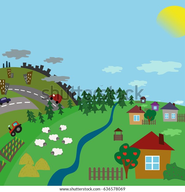 Urban and village landscape.\
Road from the city to the countryside. Vector flat\
illustration