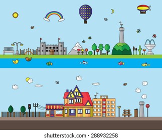 Urban and village landscape, vector flat design illustrations