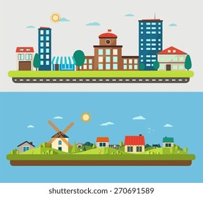 Urban and village landscapes on blue and light background
