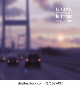 Urban vintage background. Several cars on the bridge at sunset. Vector illustration