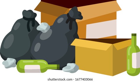 Urban waste problem. Pollution of environment. Cartoon flat illustration. Trash in black bag, containers, empty cardboard boxes, bottles and scraps, junk