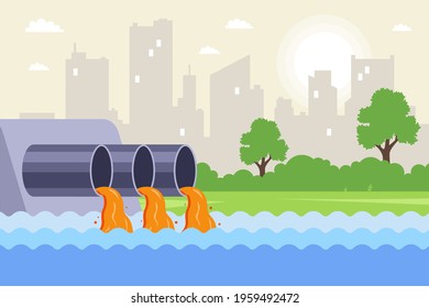 urban wastewater is discharged through pipes into the river. contamination of water from factories. flat vector illustration.