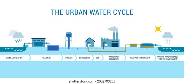 The urban water cycle: water abstraction, treatment, distribution and wastewater management infographic