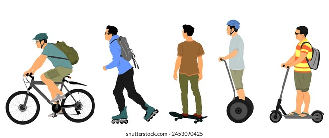 Ilustración vectorial de métodos de transporte de vías Urbanas aisladas. Forma de bicicleta eléctrica del paseo del hombre. El chico rodillo al aire libre. El chico de la tabla de skate. Scooter macho cruzar la calle. Transporte rápido por ruedas.