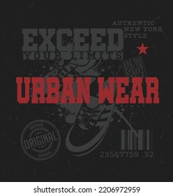 Urban wear with streetwear elements and text on black background. Urban style illustration for t-shirt