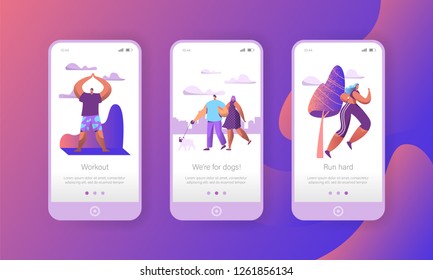 Urban Weekend Lifestyle in Park Mobile App Page Onboard Screen Set. Yoga meditate, Run, Walk Dog Summer Morning Activity Outdoor Concept for Website or Web Page. Flat Character Vector Illustration