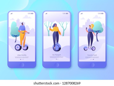Urban weekend mobile app page, screen set. Flat design characters of men and women with hover boards. Outdoor concept for website. Concept of landing page on lifestyle and eco transport theme.