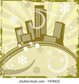 Urban winter background with a cityscape and snowflakes, vector illustration series.