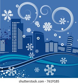 Urban winter background with a cityscape and snowflakes, vector illustration series.