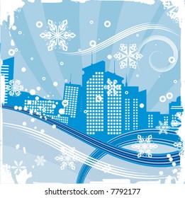 Urban winter background with a cityscape and snowflakes, vector illustration series.