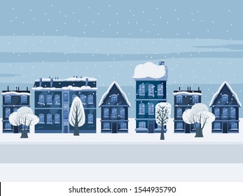 Urban Winter City Street With Old Town Houses And Trees Cityscape. Vector Illustration Isolated Trendy Flat Cartoon Style