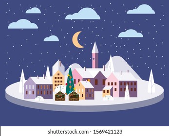 Urban winter city street with old town houses and trees. Landscape with Christmas tree. Vector illustration isolated trendy flat cartoon style
