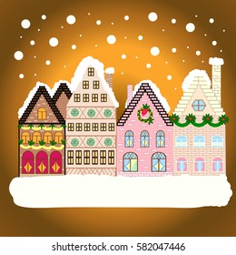 Urban winter landscape. Christmas card Happy Holidays banner. Snowy street. Vector illustration. Flat design.